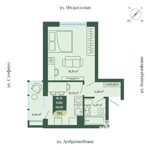 1-к квартира, строящийся дом, 40м2, 16/18 этаж