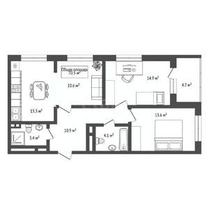3-к квартира, вторичка, 71м2, 4/17 этаж
