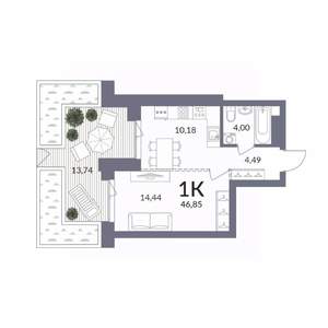 1-к квартира, вторичка, 47м2, 1/14 этаж