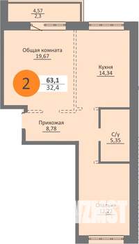 2-к квартира, строящийся дом, 61м2, 1/25 этаж