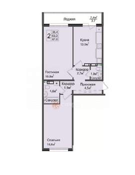 2-к квартира, сданный дом, 63м2, 16/17 этаж