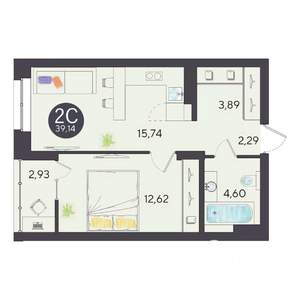 2-к квартира, строящийся дом, 39м2, 8/10 этаж