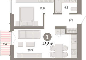 1-к квартира, вторичка, 46м2, 3/23 этаж