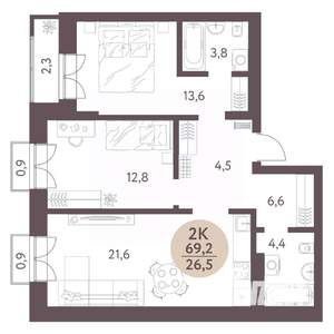 2-к квартира, вторичка, 69м2, 8/10 этаж