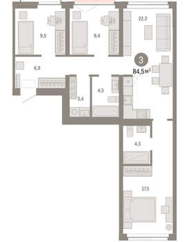 3-к квартира, вторичка, 84м2, 2/23 этаж