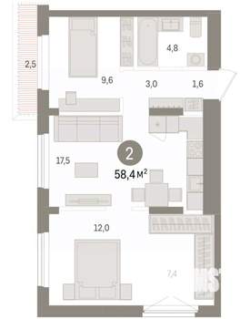 2-к квартира, вторичка, 58м2, 9/9 этаж