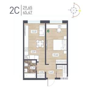 2-к квартира, строящийся дом, 45м2, 1/17 этаж