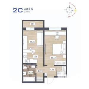 2-к квартира, строящийся дом, 44м2, 9/17 этаж