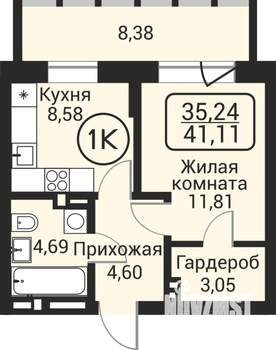 1-к квартира, строящийся дом, 35м2, 8/24 этаж