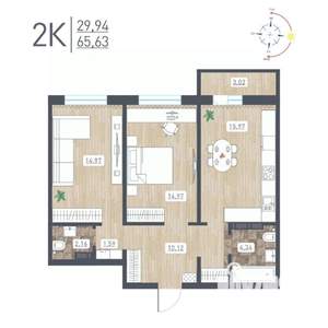 2-к квартира, строящийся дом, 66м2, 15/17 этаж
