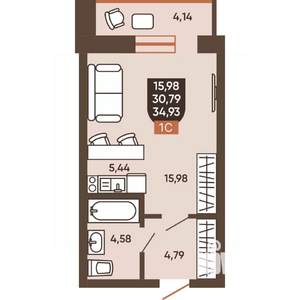 1-к квартира, вторичка, 35м2, 2/19 этаж