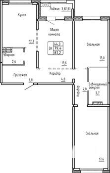 3-к квартира, строящийся дом, 81м2, 2/17 этаж