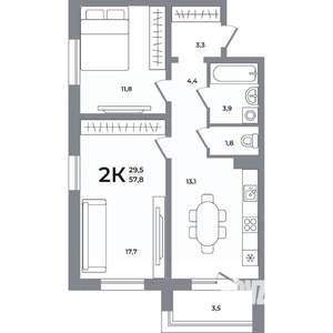 2-к квартира, вторичка, 58м2, 12/17 этаж