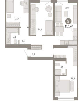 3-к квартира, вторичка, 91м2, 7/15 этаж