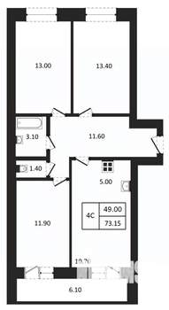 4-к квартира, вторичка, 73м2, 8/9 этаж