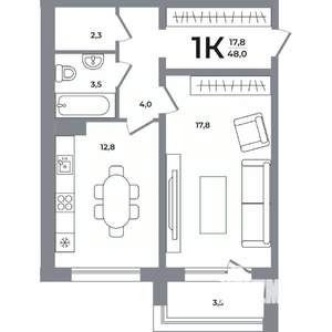 1-к квартира, вторичка, 48м2, 3/12 этаж