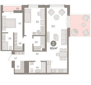 2-к квартира, вторичка, 97м2, 10/15 этаж