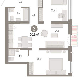 2-к квартира, вторичка, 71м2, 12/23 этаж