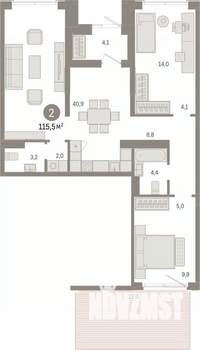 2-к квартира, вторичка, 115м2, 1/9 этаж
