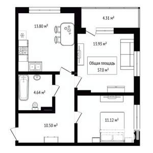 2-к квартира, вторичка, 57м2, 17/23 этаж