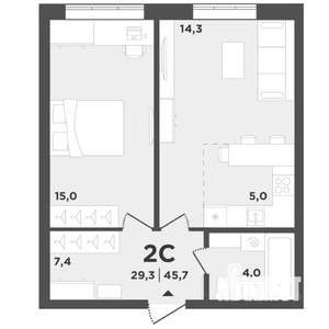 2-к квартира, вторичка, 46м2, 1/9 этаж