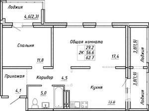 2-к квартира, строящийся дом, 63м2, 11/17 этаж