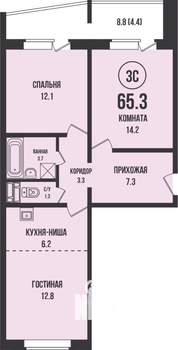 2-к квартира, строящийся дом, 65м2, 12/13 этаж