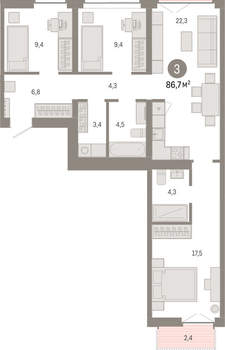 3-к квартира, вторичка, 87м2, 2/23 этаж