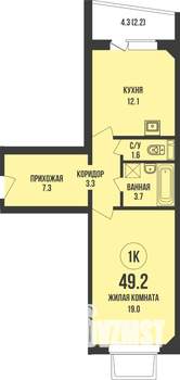 1-к квартира, строящийся дом, 49м2, 1/13 этаж