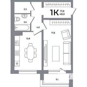 1-к квартира, вторичка, 48м2, 9/12 этаж