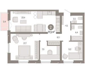 2-к квартира, вторичка, 77м2, 4/23 этаж