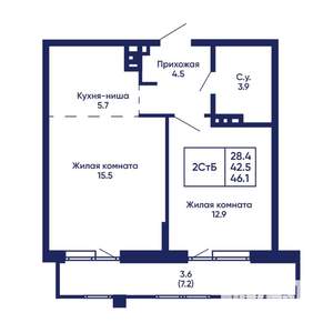 2-к квартира, вторичка, 46м2, 4/14 этаж