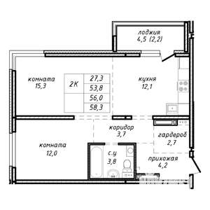 2-к квартира, строящийся дом, 56м2, 17/17 этаж