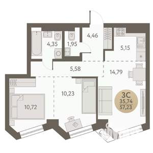 3-к квартира, вторичка, 57м2, 7/31 этаж