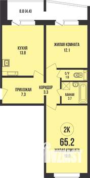 2-к квартира, строящийся дом, 65м2, 2/13 этаж