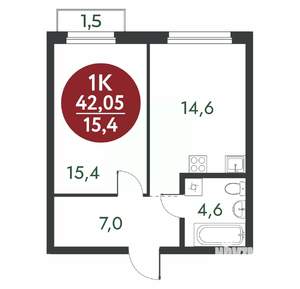 1-к квартира, вторичка, 42м2, 4/14 этаж