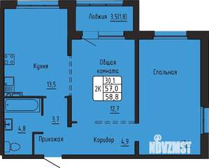 2-к квартира, вторичка, 59м2, 8/17 этаж