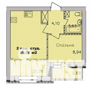 2-к квартира, строящийся дом, 40м2, 8/9 этаж