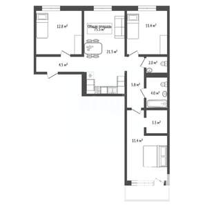 3-к квартира, вторичка, 75м2, 4/12 этаж