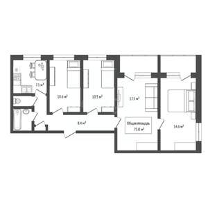 4-к квартира, вторичка, 75м2, 1/9 этаж