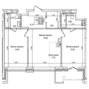 3-к квартира, строящийся дом, 68м2, 25/28 этаж