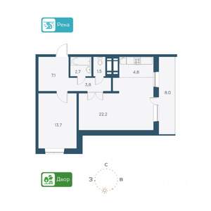 2-к квартира, строящийся дом, 60м2, 24/26 этаж