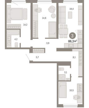 3-к квартира, вторичка, 86м2, 9/15 этаж