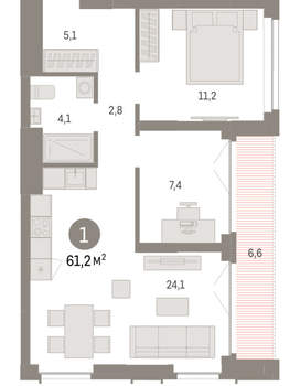 1-к квартира, вторичка, 61м2, 9/23 этаж