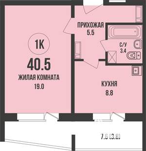 1-к квартира, строящийся дом, 41м2, 3/13 этаж