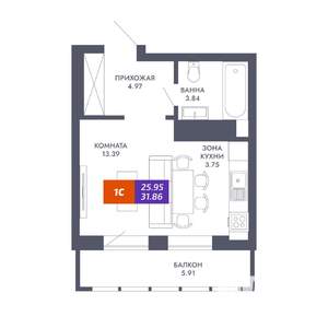 Студия квартира, вторичка, 26м2, 24/25 этаж