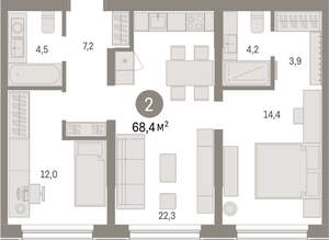 2-к квартира, вторичка, 68м2, 1/15 этаж