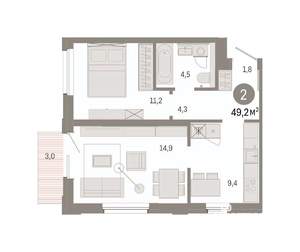 2-к квартира, вторичка, 49м2, 6/9 этаж