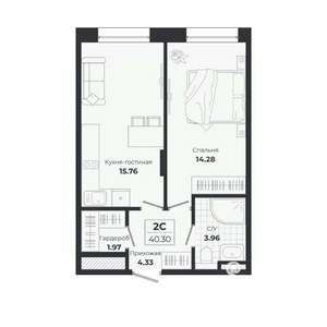 2-к квартира, строящийся дом, 40м2, 1/9 этаж