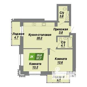 2-к квартира, вторичка, 58м2, 6/22 этаж